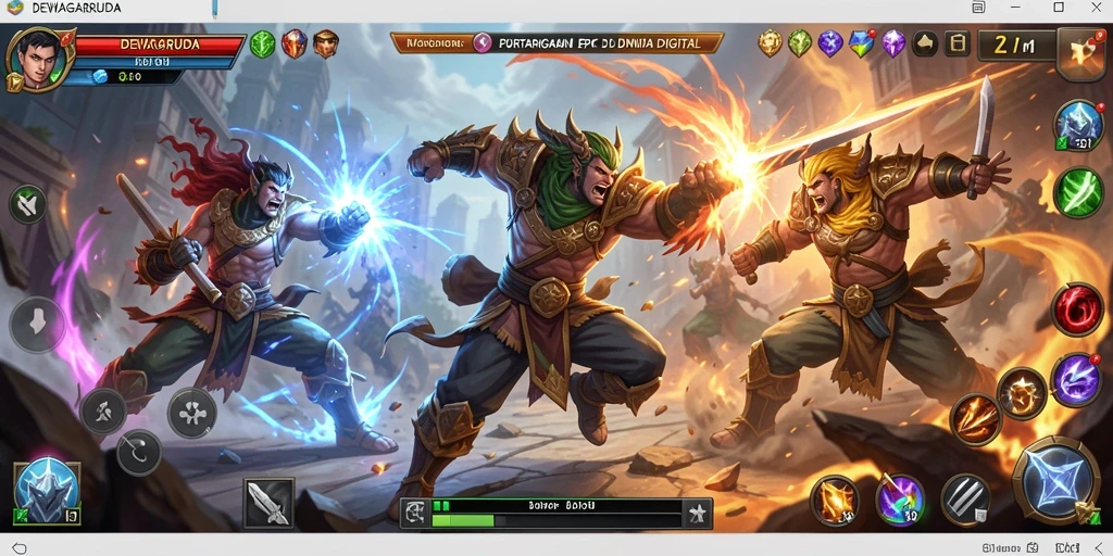 Screenshot DEWAGARUDA menampilkan pertarungan seru antara karakter di arena.