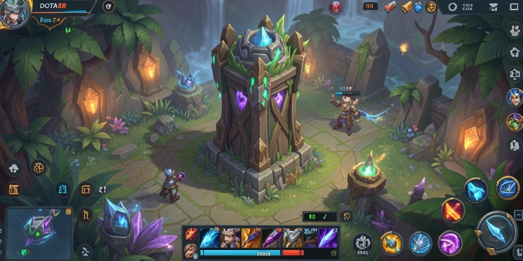 Tangkapan layar gameplay DOTA88 dengan menara pertahanan yang menghadap gelombang musuh.