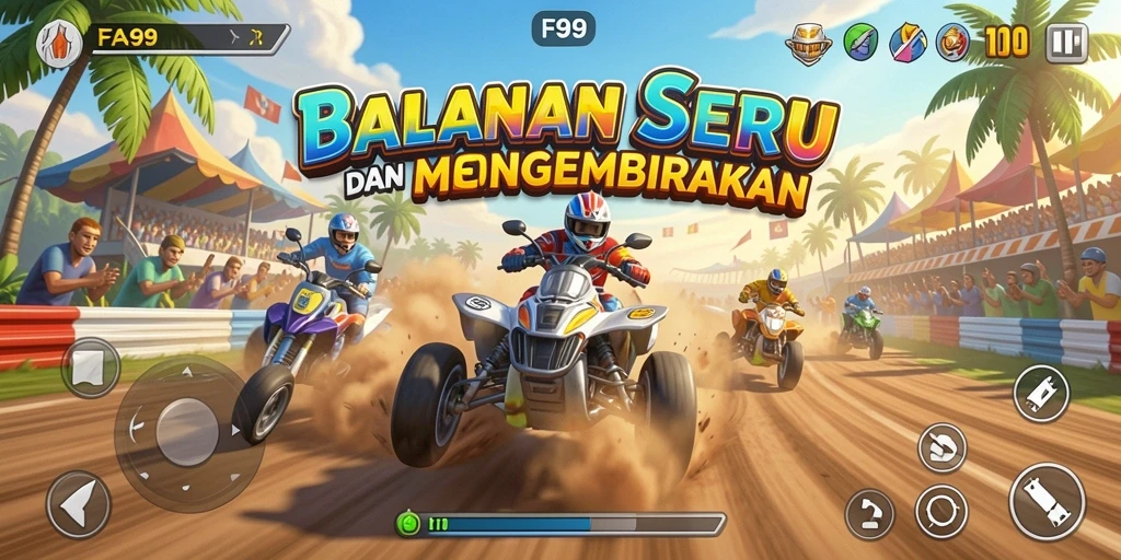 Screenshot utama FA99 menampilkan aksi balapan yang mendebarkan.