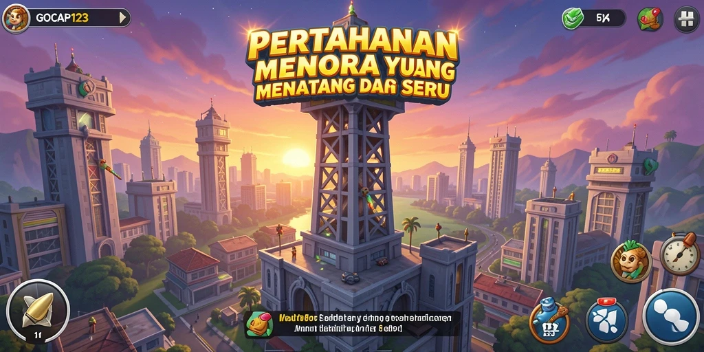 Screenshot gameplay GOCAP123 menampilkan pertahanan menara yang dramatis dalam aksi.