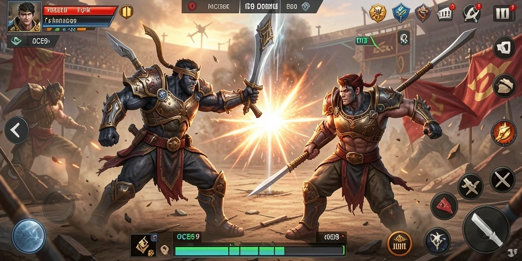 Tangkapan layar gameplay OCE69 menunjukkan laga pertarungan seru di arena.