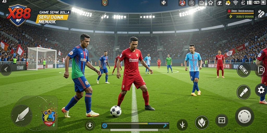 Gameplay X88 menampilkan aksi seru dalam pertandingan sepak bola.